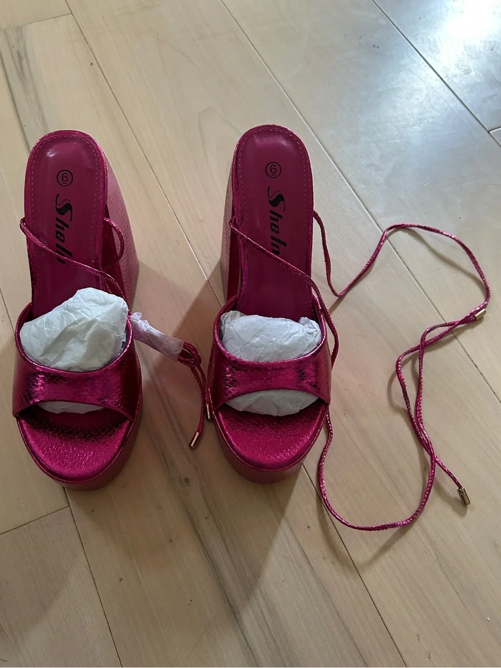 Metallic Pink Tie Ankle Chunky Platform Sandals Size 6